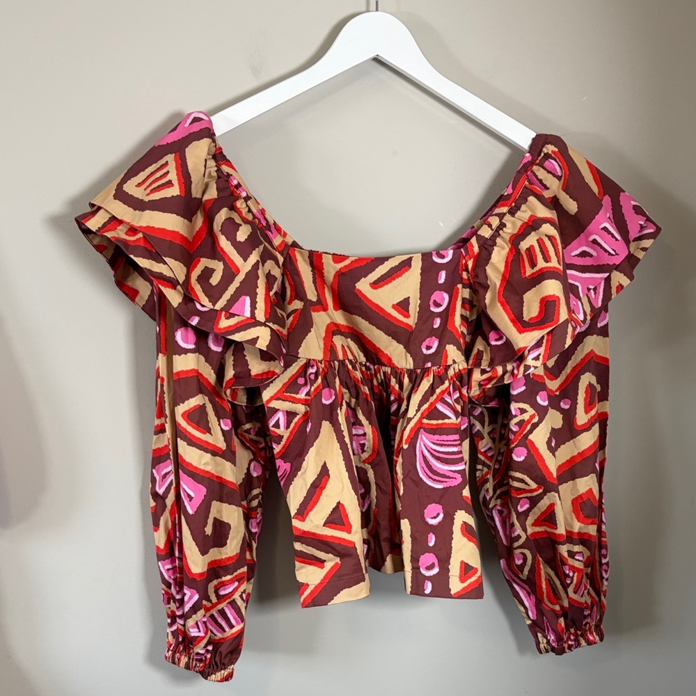 Emily McCarthy Tribal Palm Top Square Neck Long Sleeve Smocked brown pink  S NEW